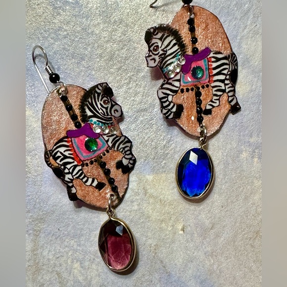 Handpainted zebra carousel horse earrings Sterling crystals OOAK - Picture 3 of 6